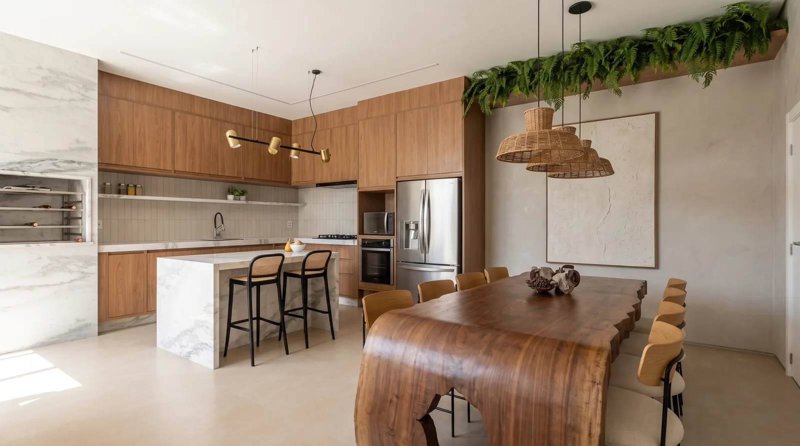 Render Veduta de cozinha com ilha de mármore, mesa orgânica de madeira e pendentes de rattan.