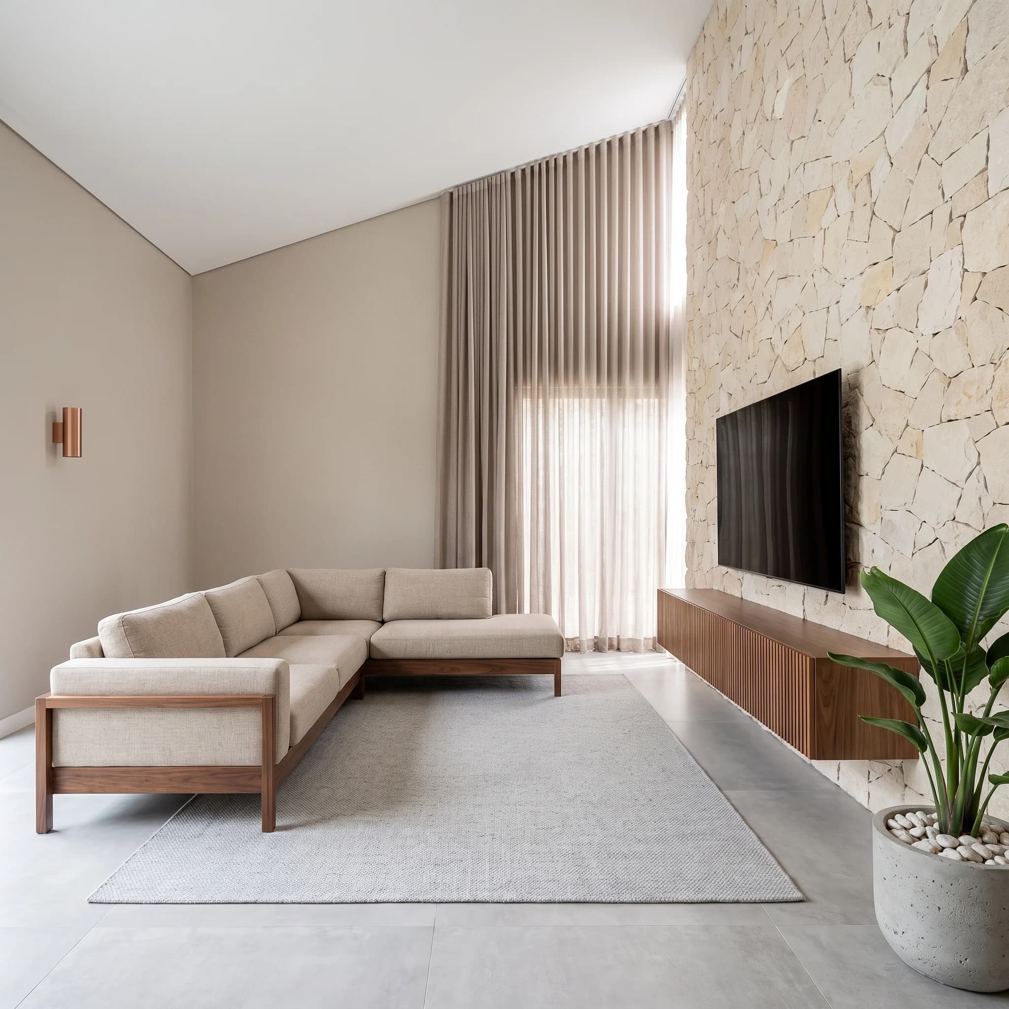 Render Veduta de sala de estar minimalista com pedra clara e madeira.