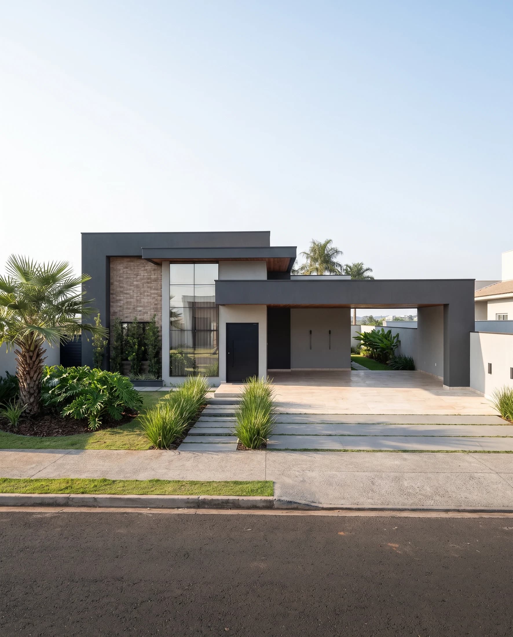 Render Veduta de fachada contemporânea com volumes escuros e jardim frontal.