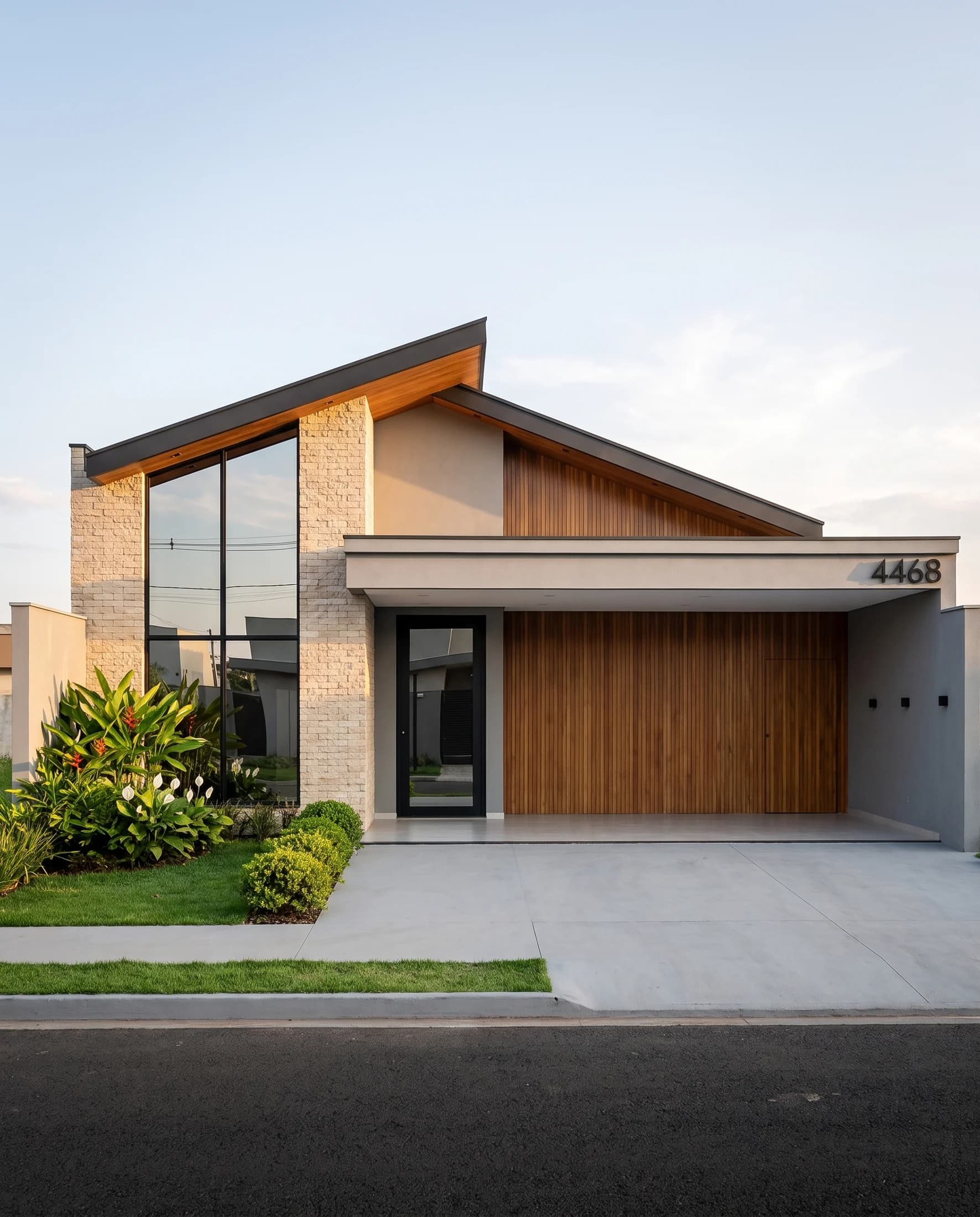 Render Veduta de casa térrea com telhado inclinado e garagem frontal.