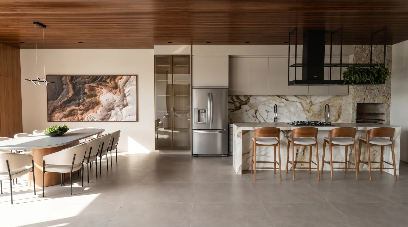 Render Veduta de espaço gourmet com ilha de mármore dramático e sala de jantar integrada.