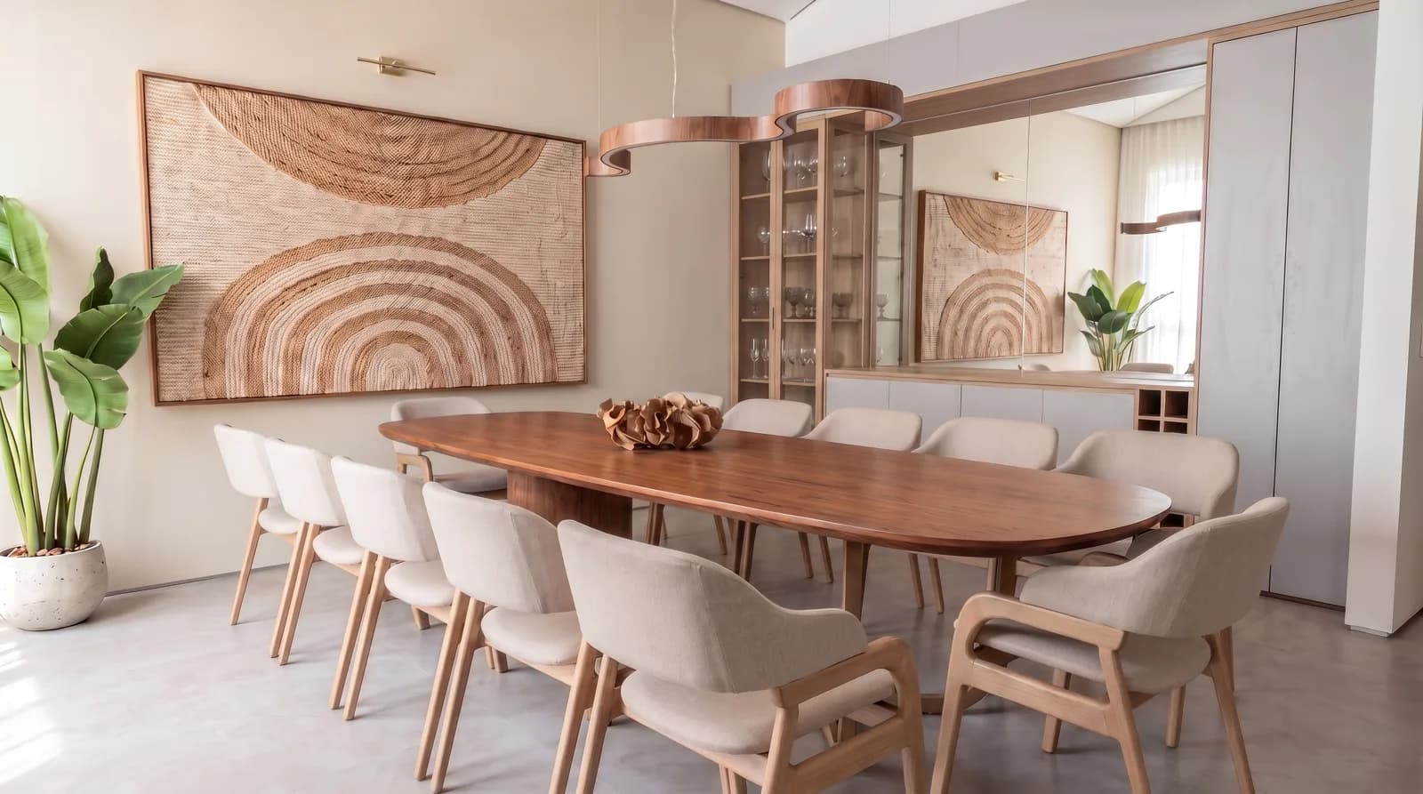 Render Veduta de sala de jantar com mesa longa de madeira e quadros em relevo.
