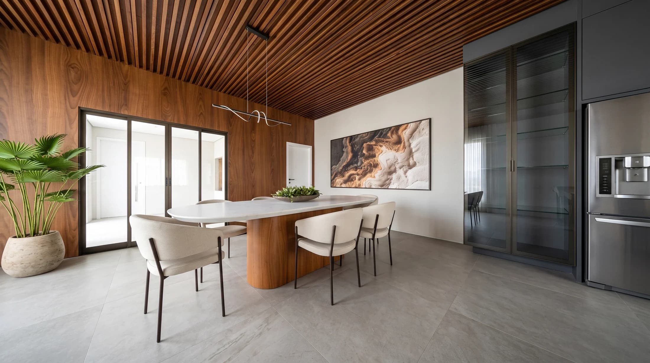 Render Veduta de sala de jantar integrada à cozinha gourmet.