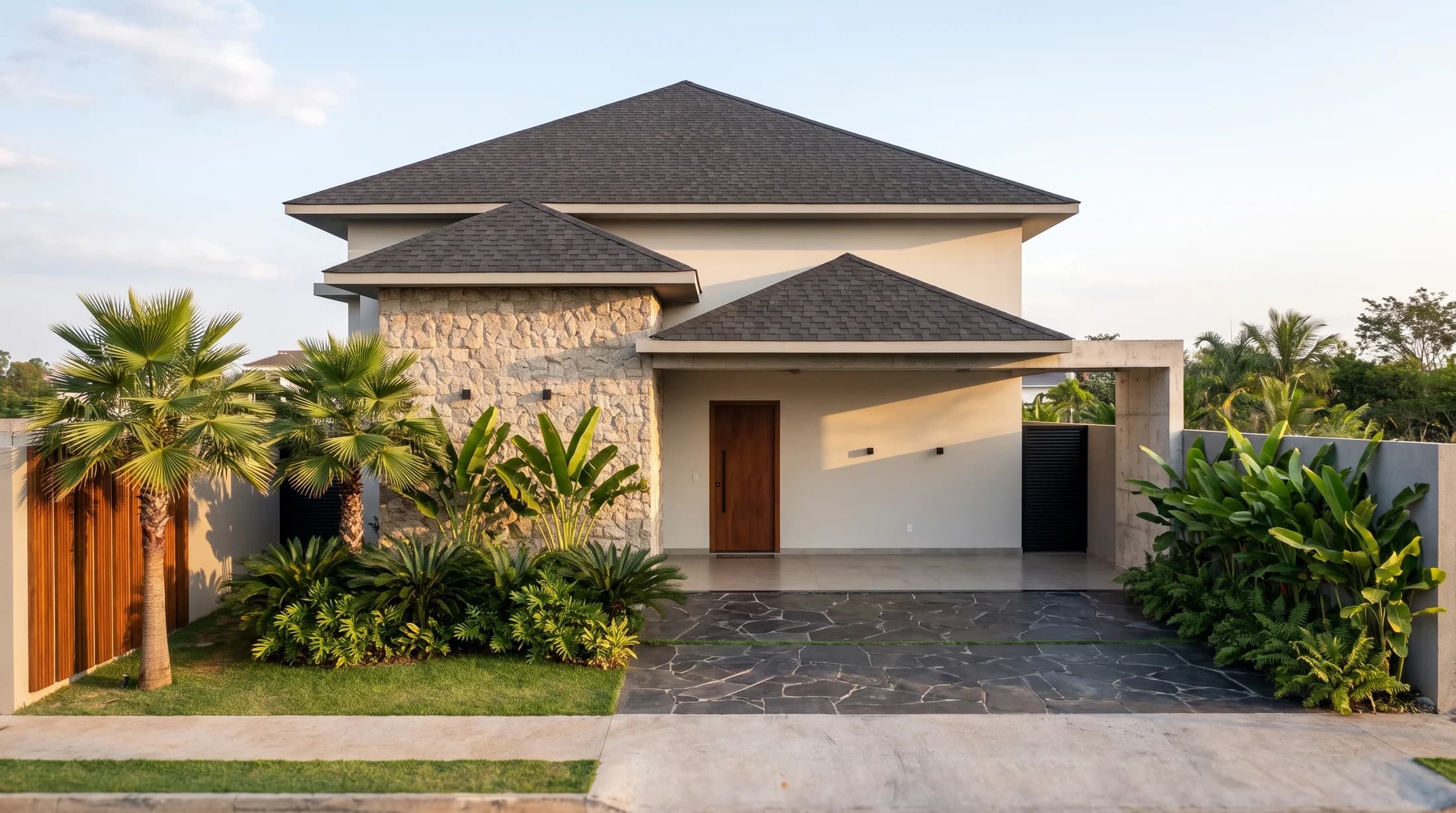 Render Veduta de residência com volume central em pedra e jardim frontal.